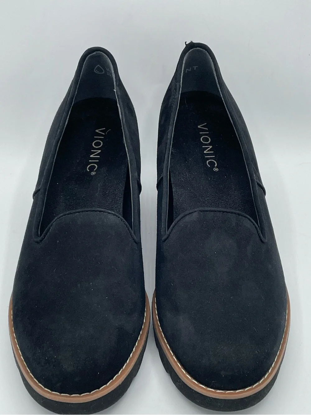Vionic Willa Black Suede Wedge Loafers - Slip-On Comfort.